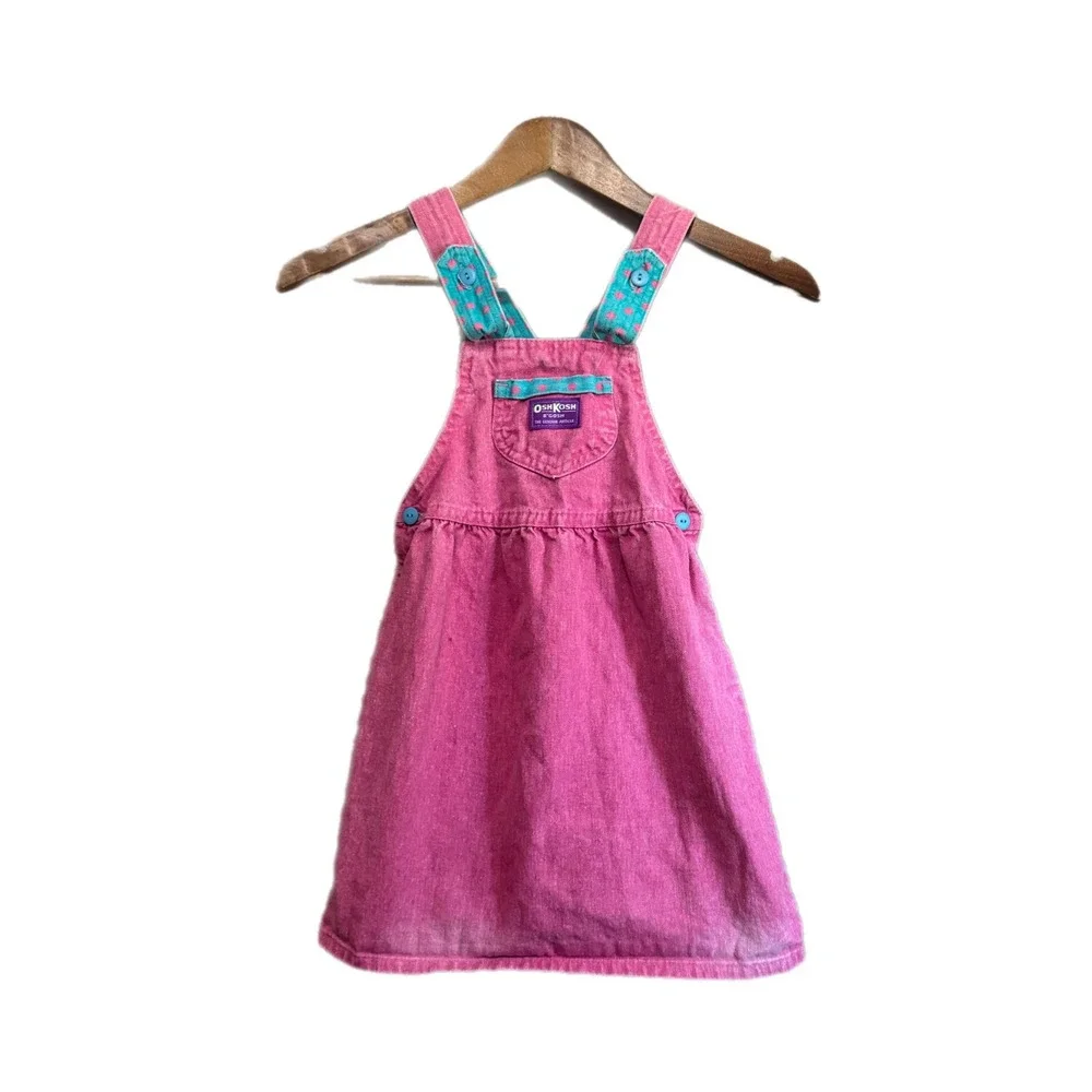OshKosh B'gosh Jumper Dress Kids 4T Pink Good Denim Polka Dot Vintage Style
